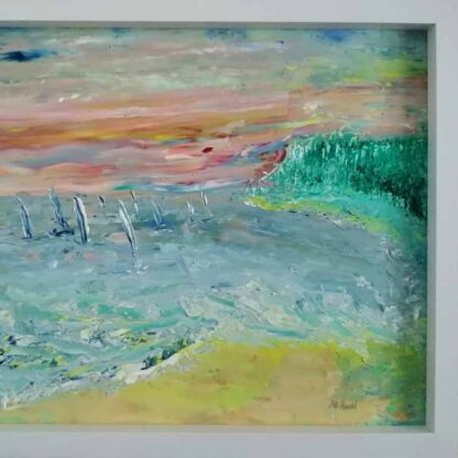 Original oil painting on canvas board. Displaying a sunset with miraculous colours, with sailboats homeward bound